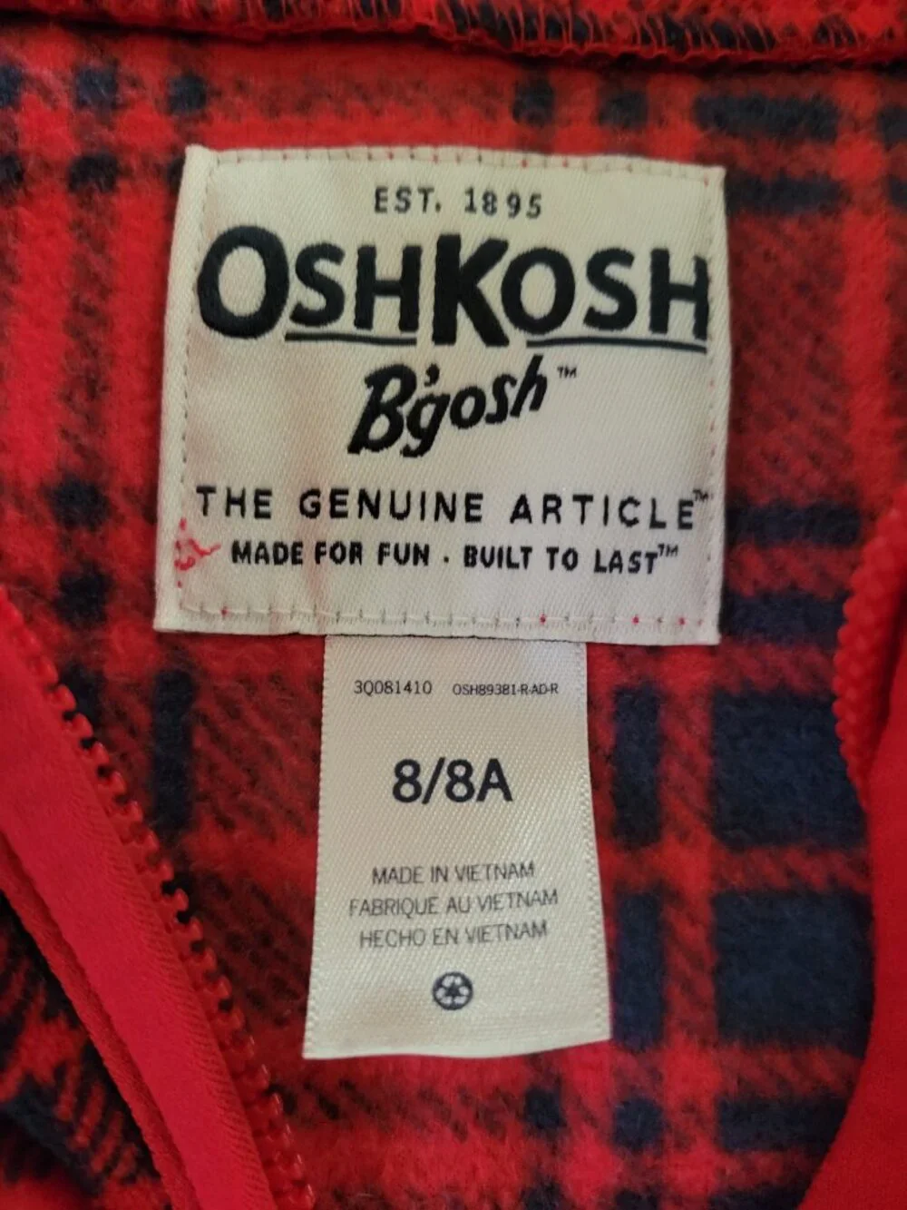 Osh Kosh Boy's Red Plaid 1/4 Zip Fleece Jacket